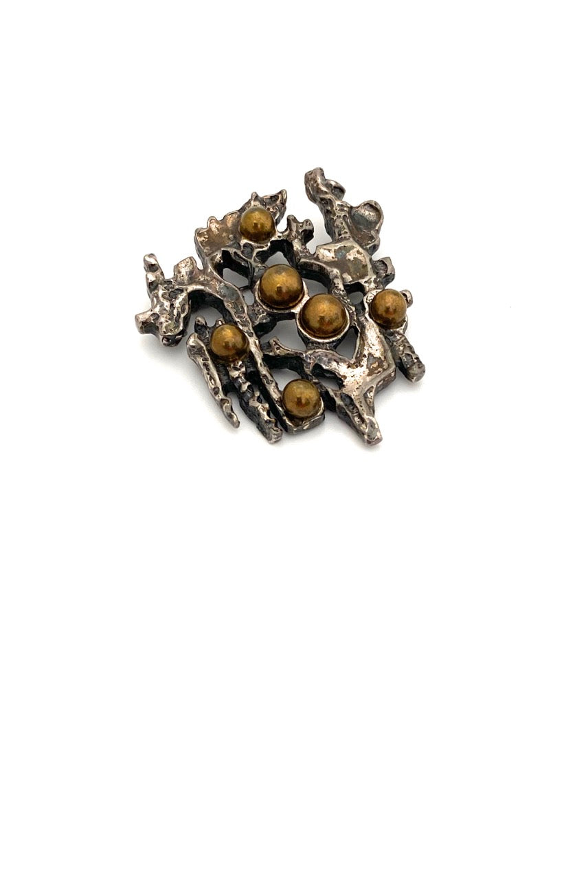 Robert Larin Canada vintage textured brutalist pewter openwork brooch bronze spheres