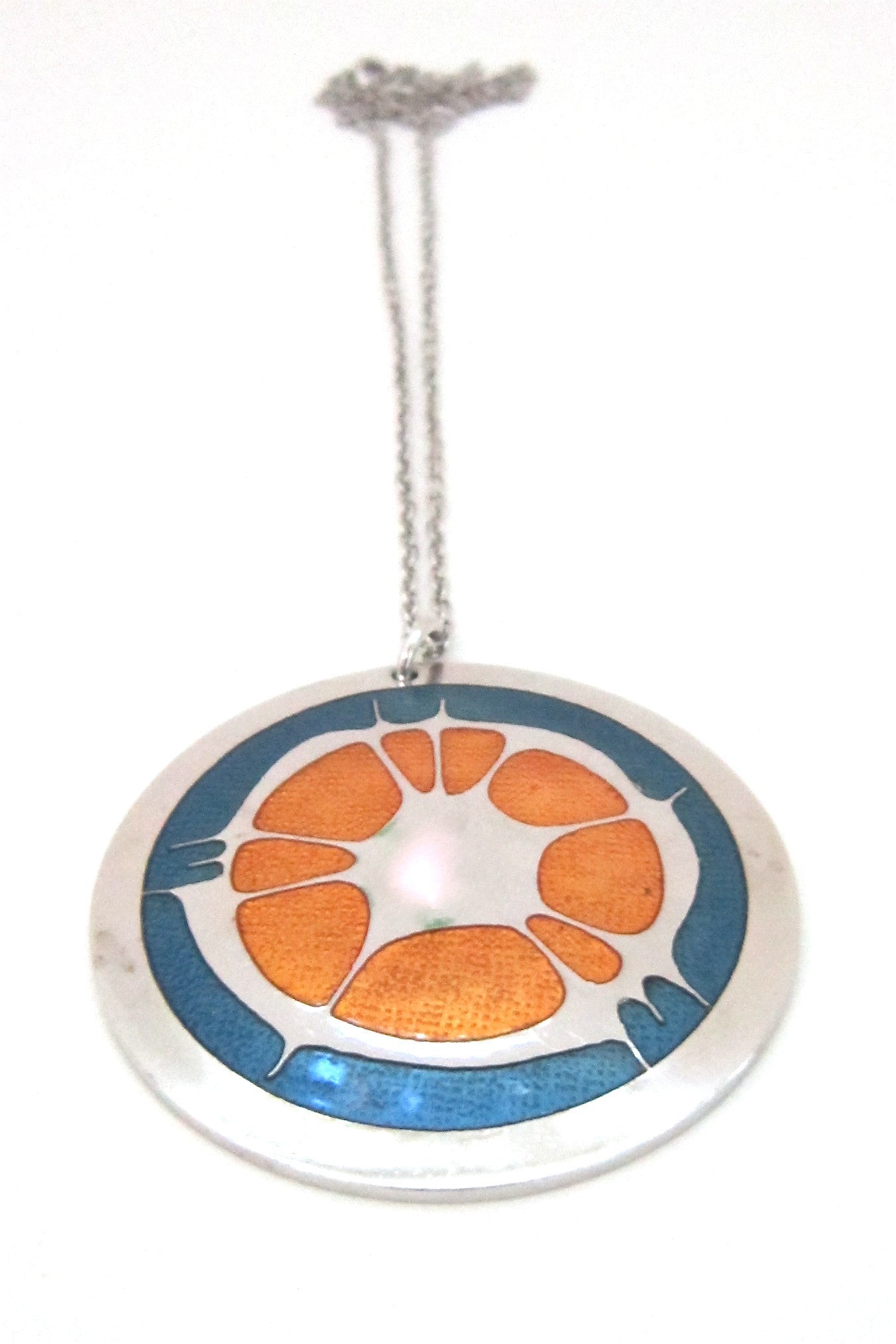 Robert Gervais Canada vintage modernist enamel orange splash pendant necklace