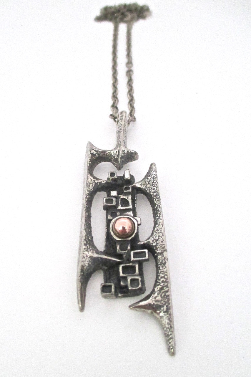 Robert Larin Canada vintage brutalist pewter and bronze openwork pendant necklace