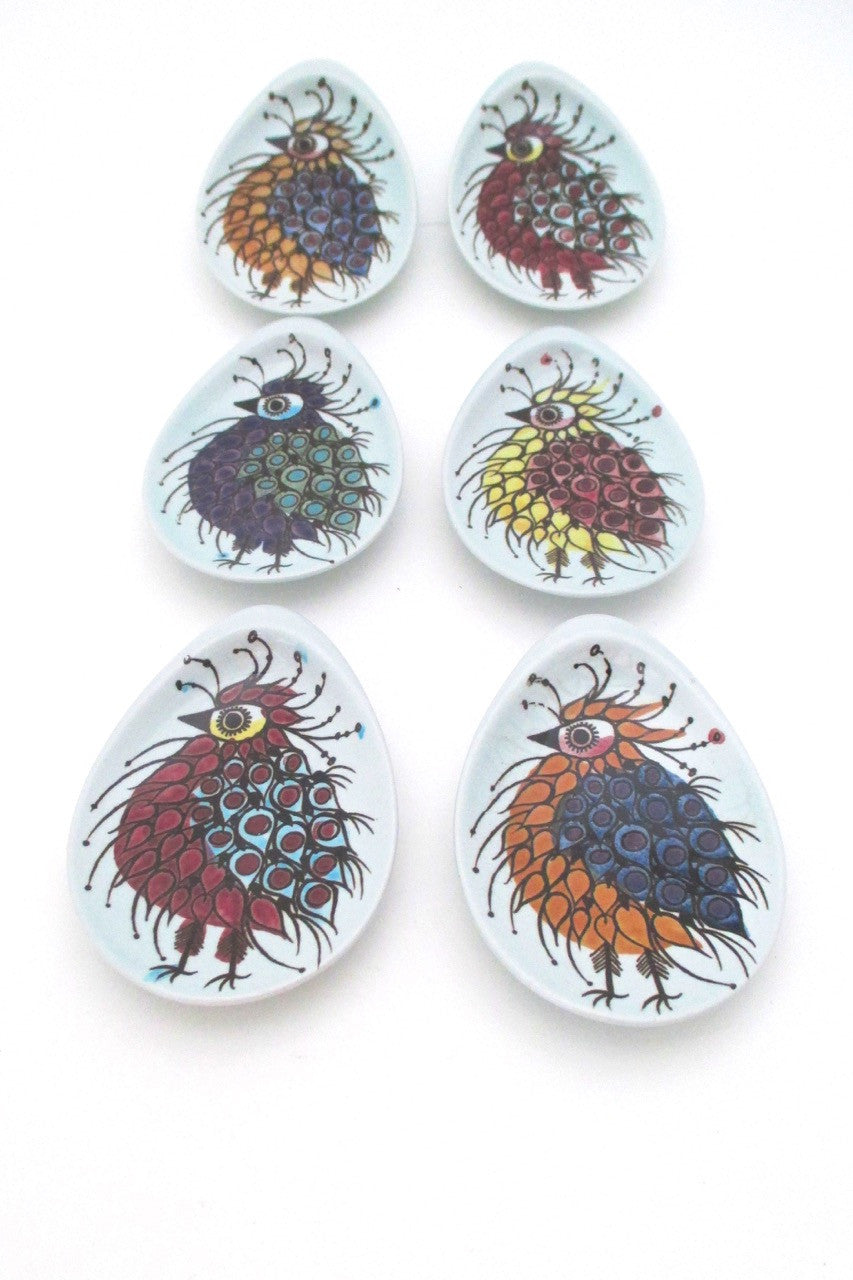Royal Copenhagen Denmark Tenera faience Aluminia bird dishes by Beth Breyen set of 6
