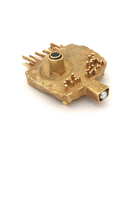 Walter Schluep Canada large vintage modernist 18k gold pearl tourmaline brutalist brooch pendant