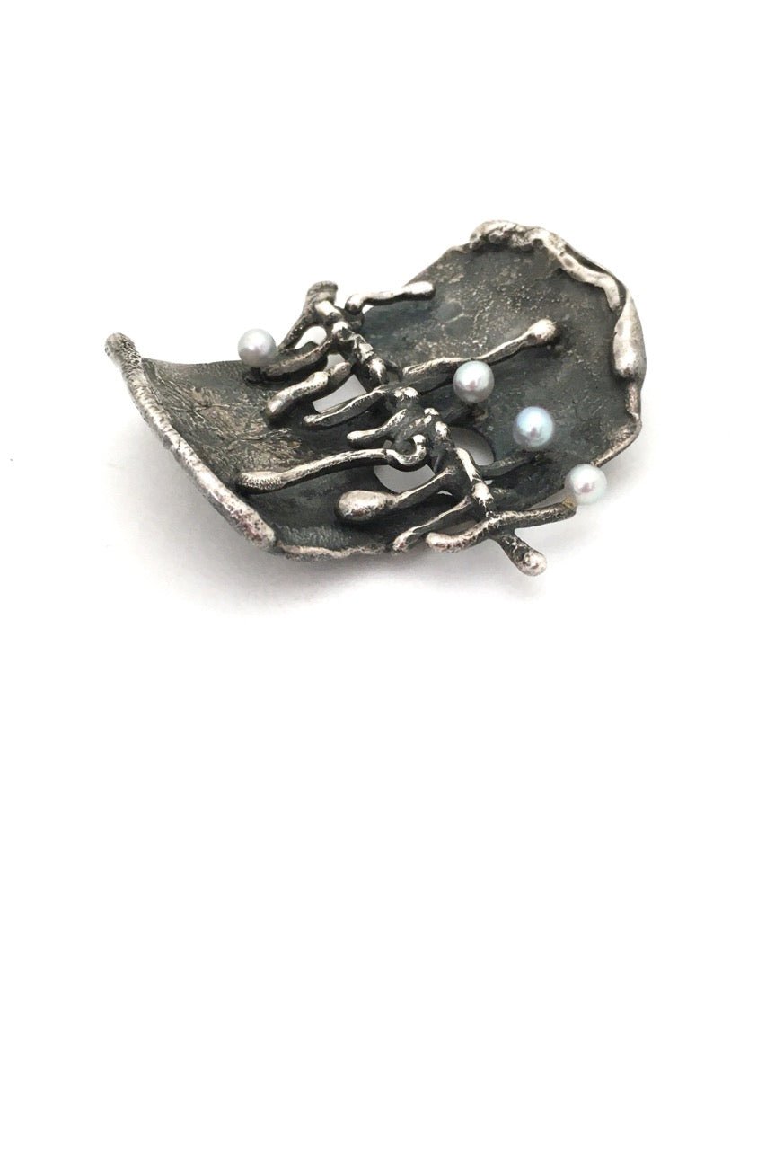 large vintage brutalist reticulated silver pearls brooch mid century jewelry design