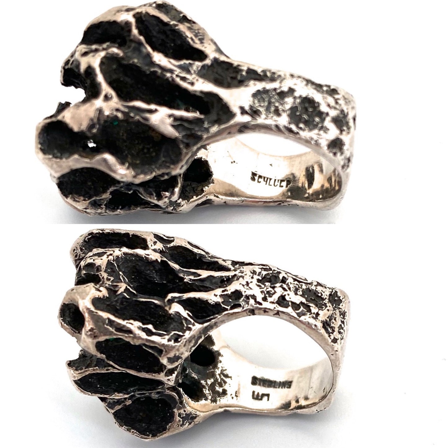 Walter Schluep extra large brutalist silver & emerald ring