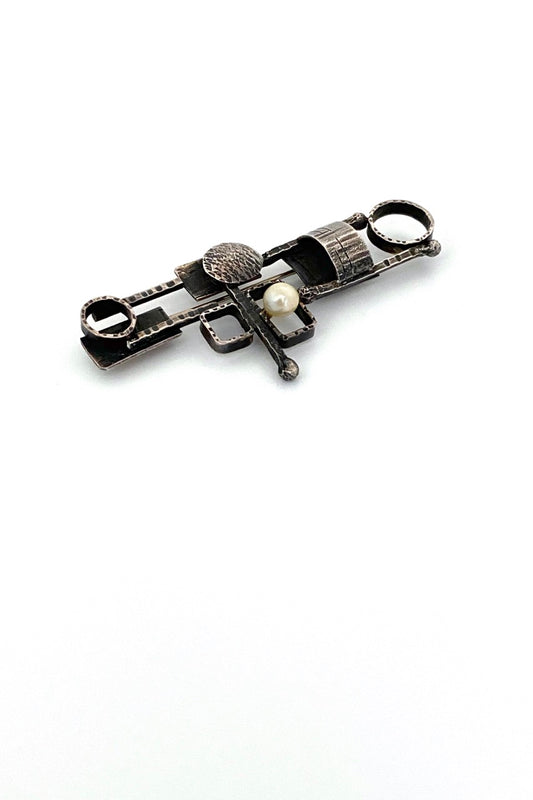vintage brutalist modernist sterling silver pearl brooch hand wrought signed