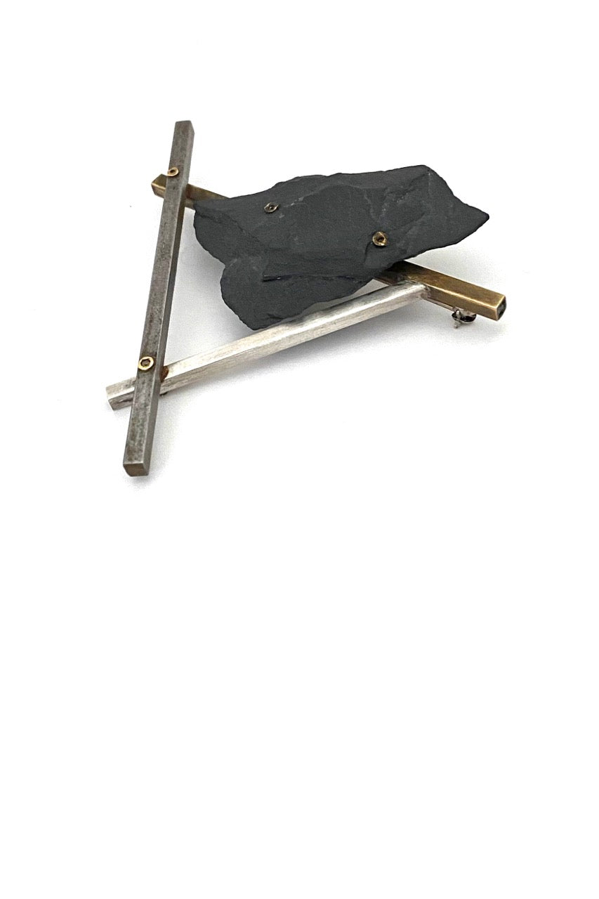 large vintage postmodern constructivist brooch in sterling silver iron brass slate signed dated 1989