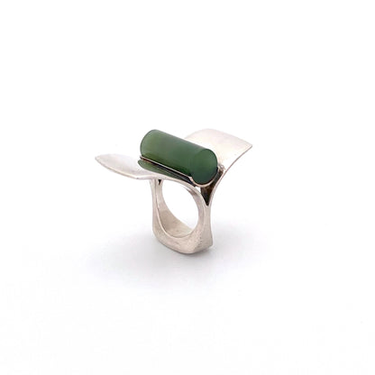 detail Andreas Mikkelsen Denmark vintage silver nephrite jade extra large ring Scandinavian Modernist jewelry design