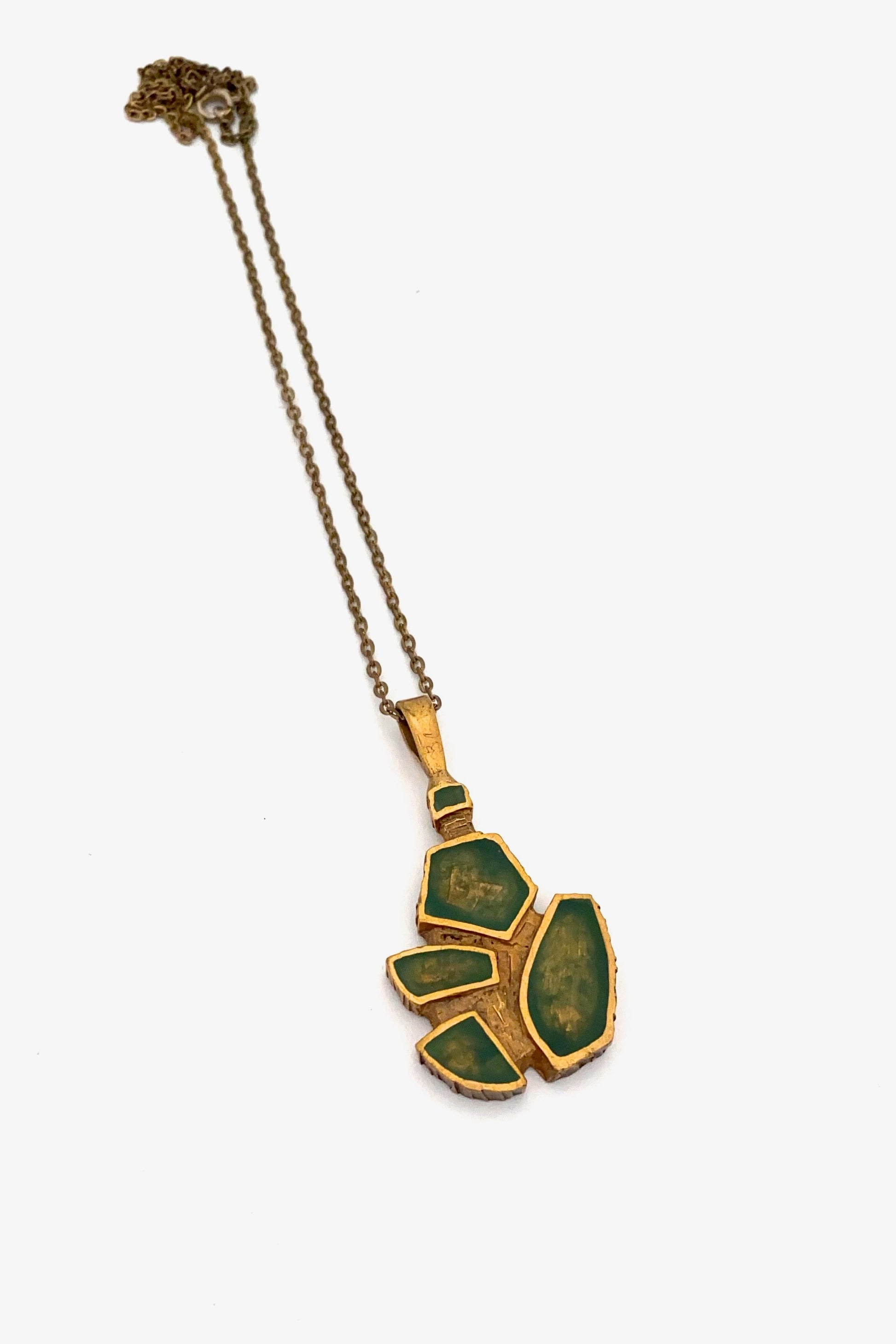 Bernard Chaudron Canada vintage bronze enamel pendant necklace red green Canadian Modernist jewelry design