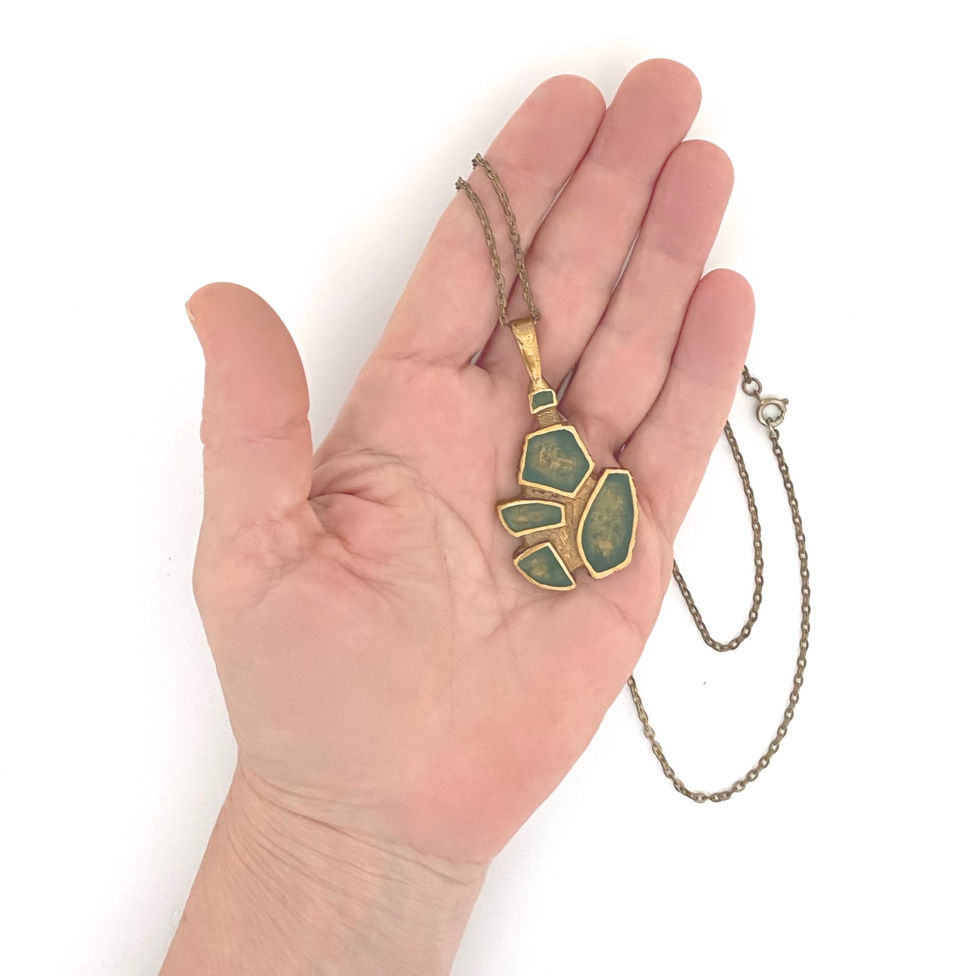 scale Bernard Chaudron Canada vintage bronze enamel pendant necklace red green Canadian Modernist jewelry design