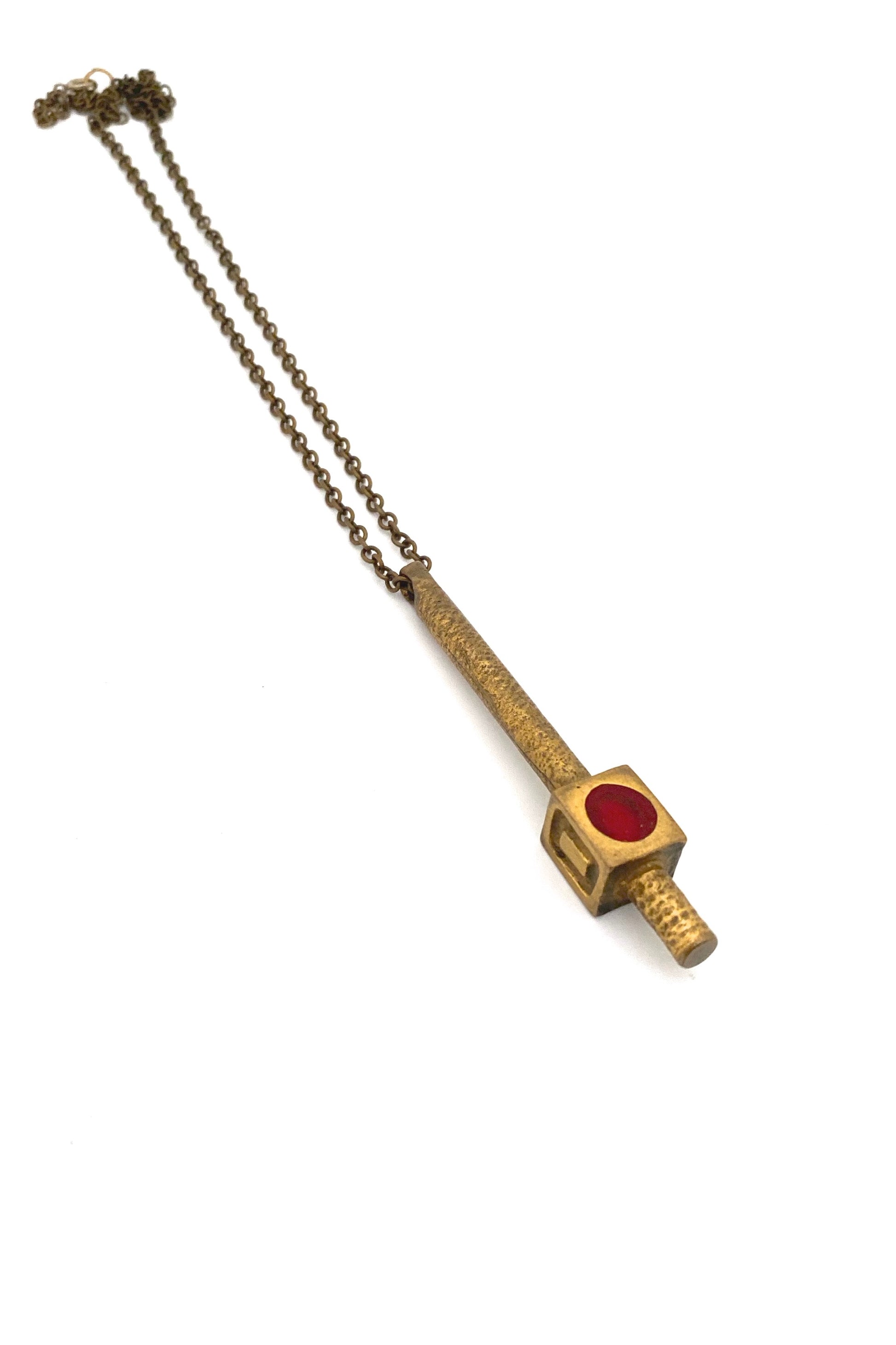 Bernard Chaudron Canada vintage bronze enamel long pendant necklace red burgundy Canadian Modernist jewelry design