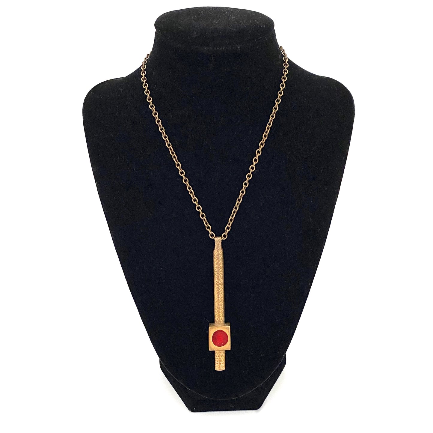 detail Bernard Chaudron Canada vintage bronze enamel long pendant necklace red burgundy Canadian Modernist jewelry design