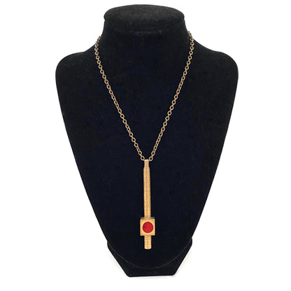 detail Bernard Chaudron Canada vintage bronze enamel long pendant necklace red burgundy Canadian Modernist jewelry design