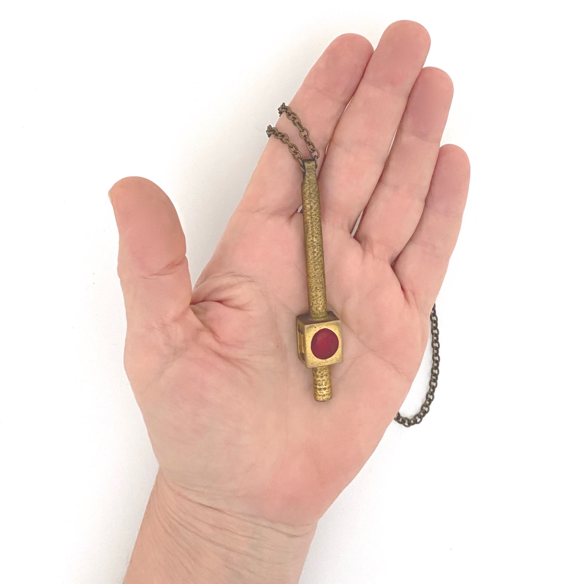 scale Bernard Chaudron Canada vintage bronze enamel long pendant necklace red burgundy Canadian Modernist jewelry design