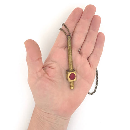 scale Bernard Chaudron Canada vintage bronze enamel long pendant necklace red burgundy Canadian Modernist jewelry design