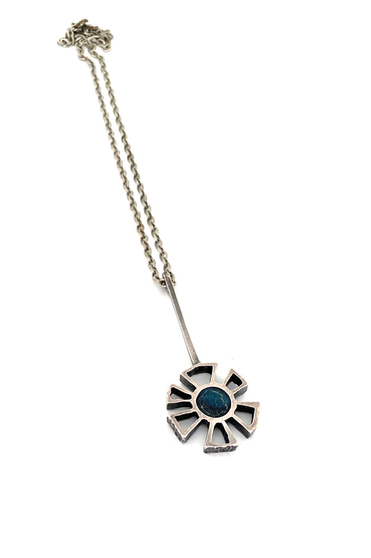 Bernard Chaudron Canada vintage brutalist openwork double sided blue pendant necklace Canadian Modernist jewelry design