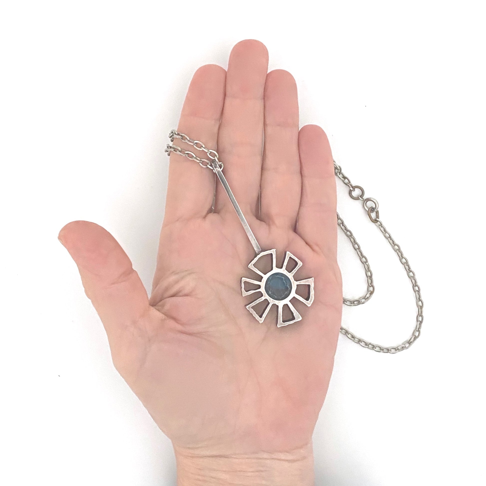 scale Bernard Chaudron Canada vintage brutalist openwork double sided blue pendant necklace Canadian Modernist jewelry design