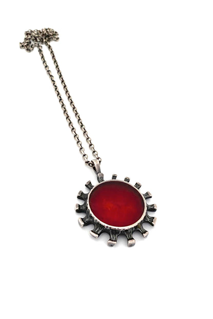 Bernard Chaudron Canada vintage brutalist double sided large pendant necklace red teal Canadian Modernist jewelry design