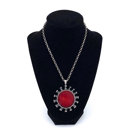 detail Bernard Chaudron Canada vintage brutalist double sided large pendant necklace red teal Canadian Modernist jewelry design