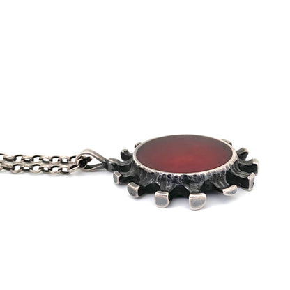 profile Bernard Chaudron Canada vintage brutalist double sided large pendant necklace red teal Canadian Modernist jewelry design