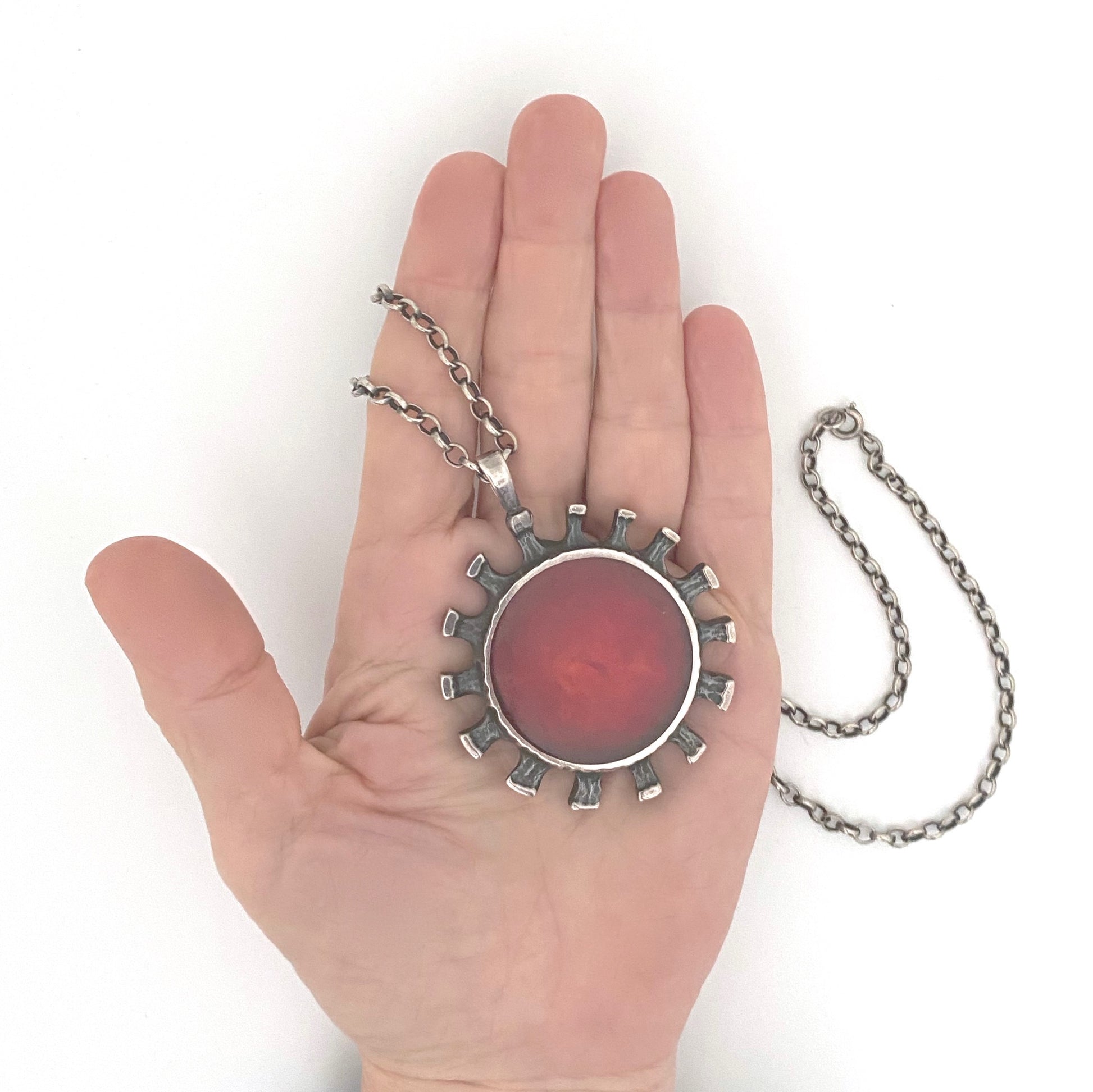 scale Bernard Chaudron Canada vintage brutalist double sided large pendant necklace red teal Canadian Modernist jewelry design