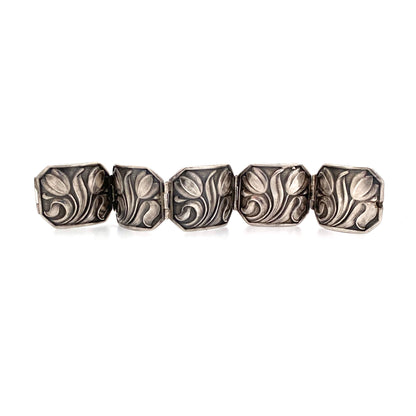 profile Carl Poul Petersen Canada vintage silver wide tulips panel link bracelet Canadian jewelry design