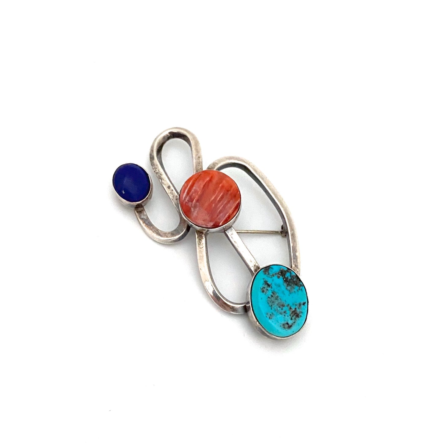 detail DL Garcia USA Navajo vintage silver turquoise lapis spiny oyster brooch Modernist jewelry design
