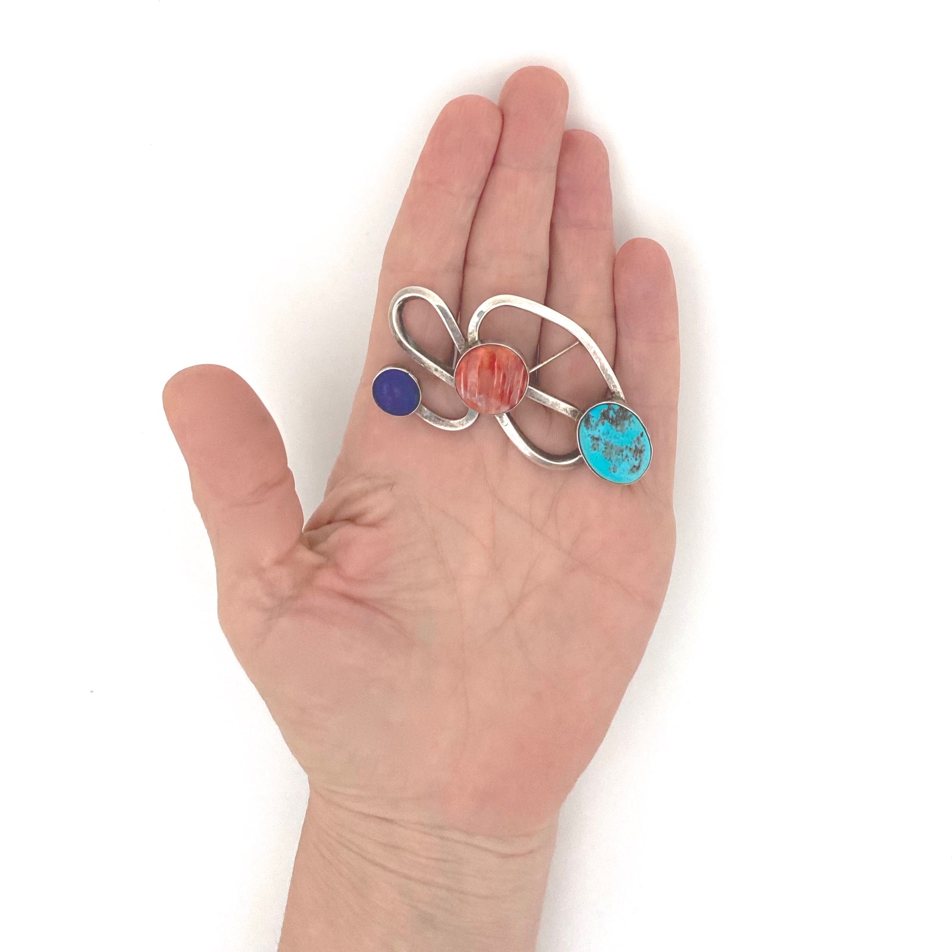 scale DL Garcia USA Navajo vintage silver turquoise lapis spiny oyster brooch Modernist jewelry design