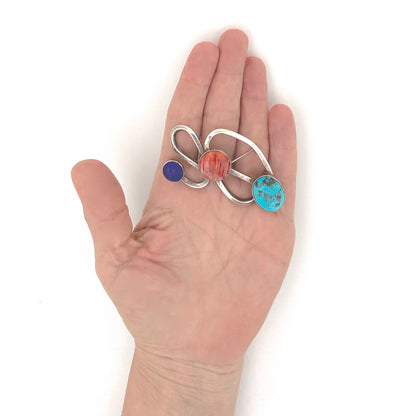 scale DL Garcia USA Navajo vintage silver turquoise lapis spiny oyster brooch Modernist jewelry design