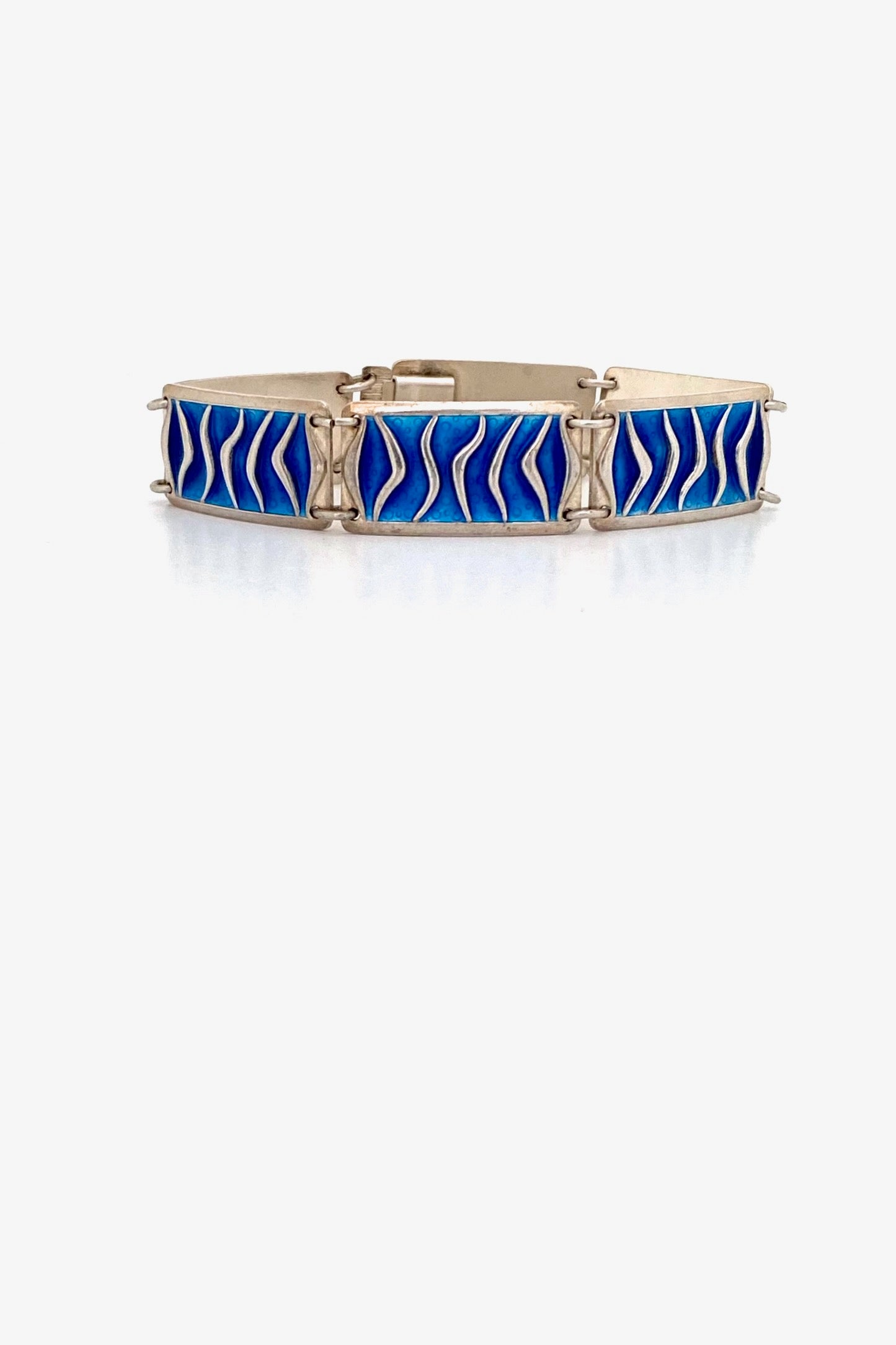 David-Andersen Norway vintage silver enamel wave panel link bracelet aqua blue Scandinavian Modernist jewelry design