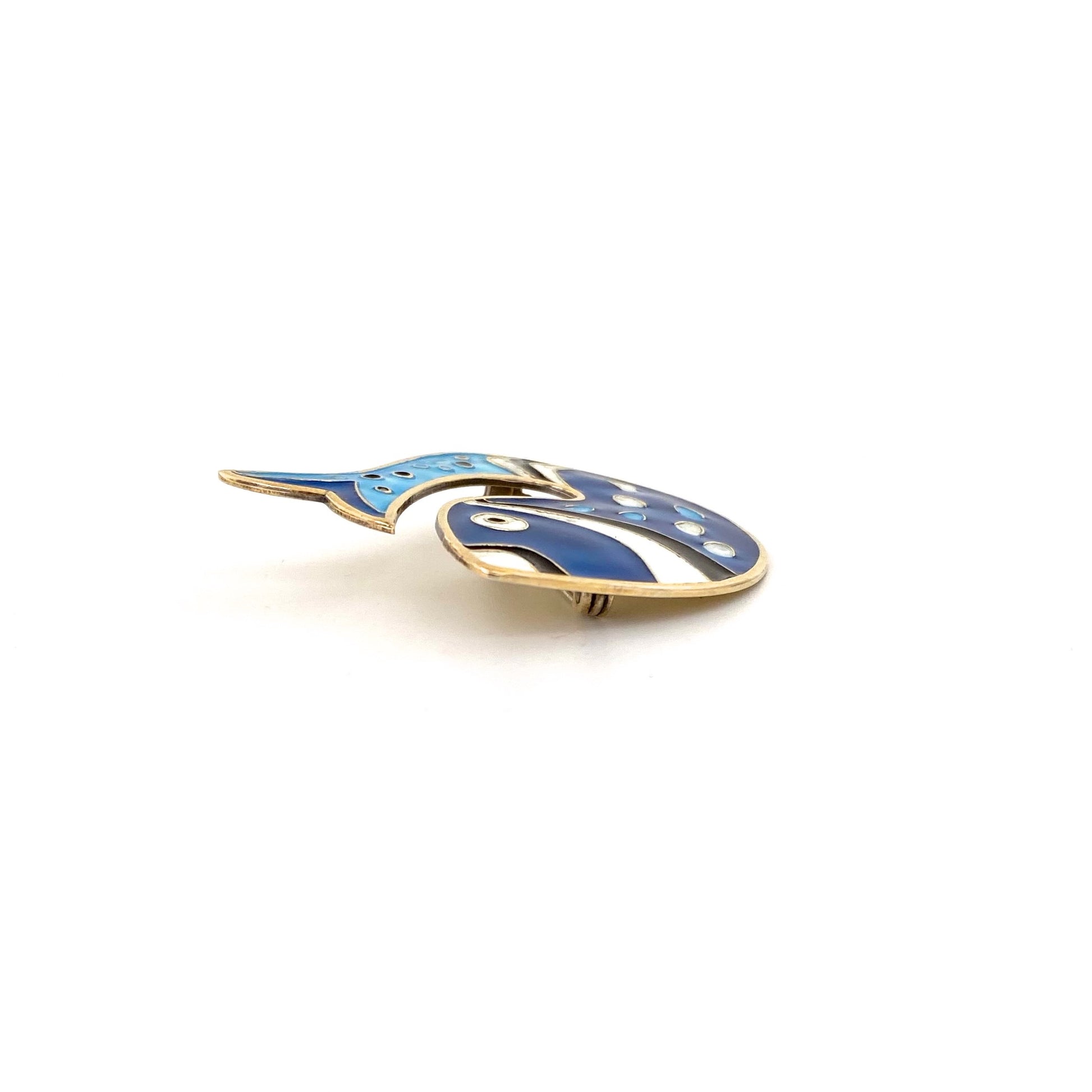profile David-Andersen Norway vintage silver enamel fish brooch blue Scandinavian Modernist jewelry design