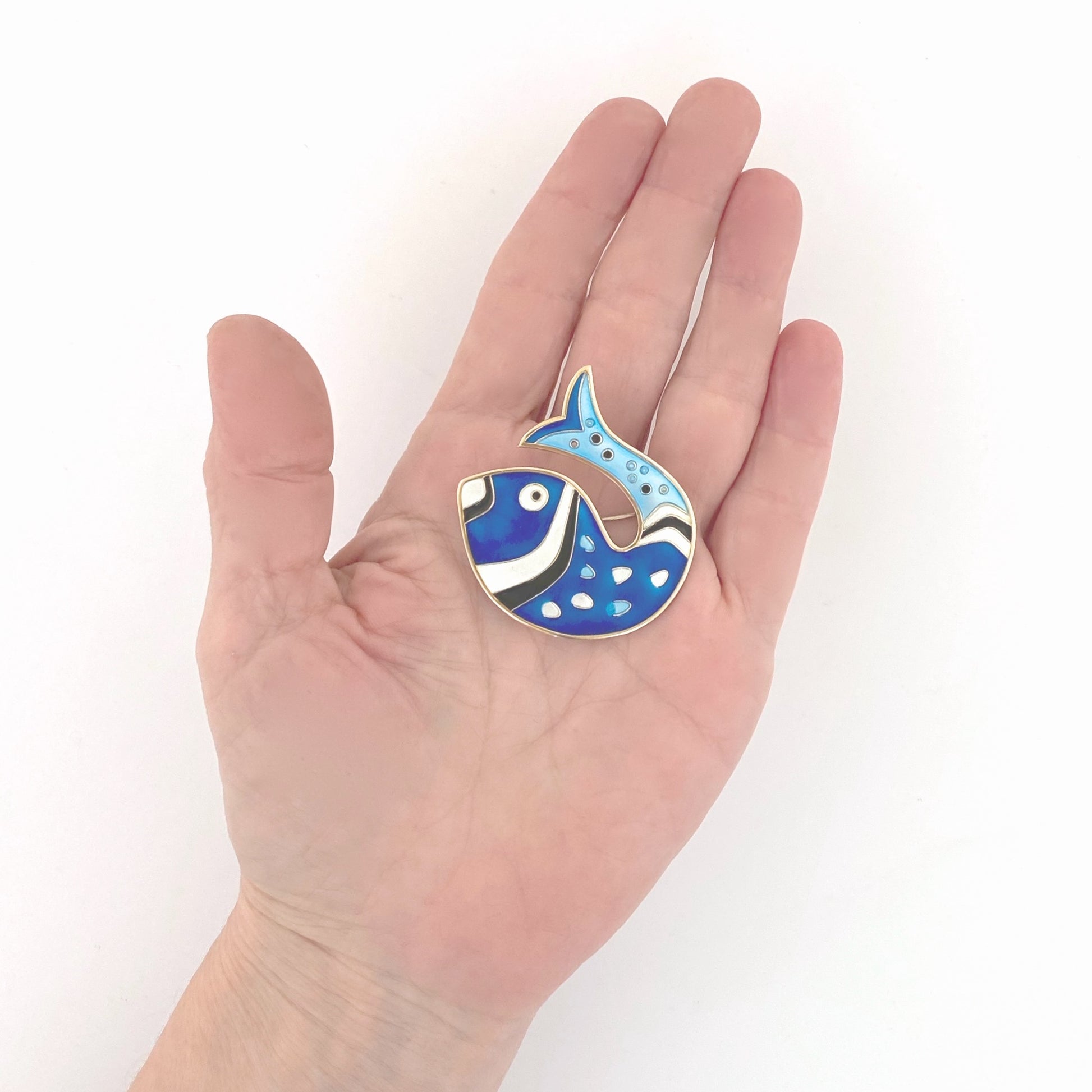 scale David-Andersen Norway vintage silver enamel fish brooch blue Scandinavian Modernist jewelry design