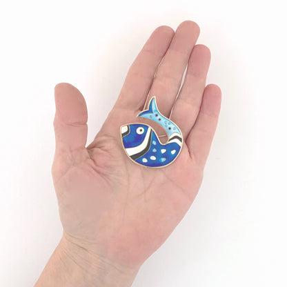 scale David-Andersen Norway vintage silver enamel fish brooch blue Scandinavian Modernist jewelry design