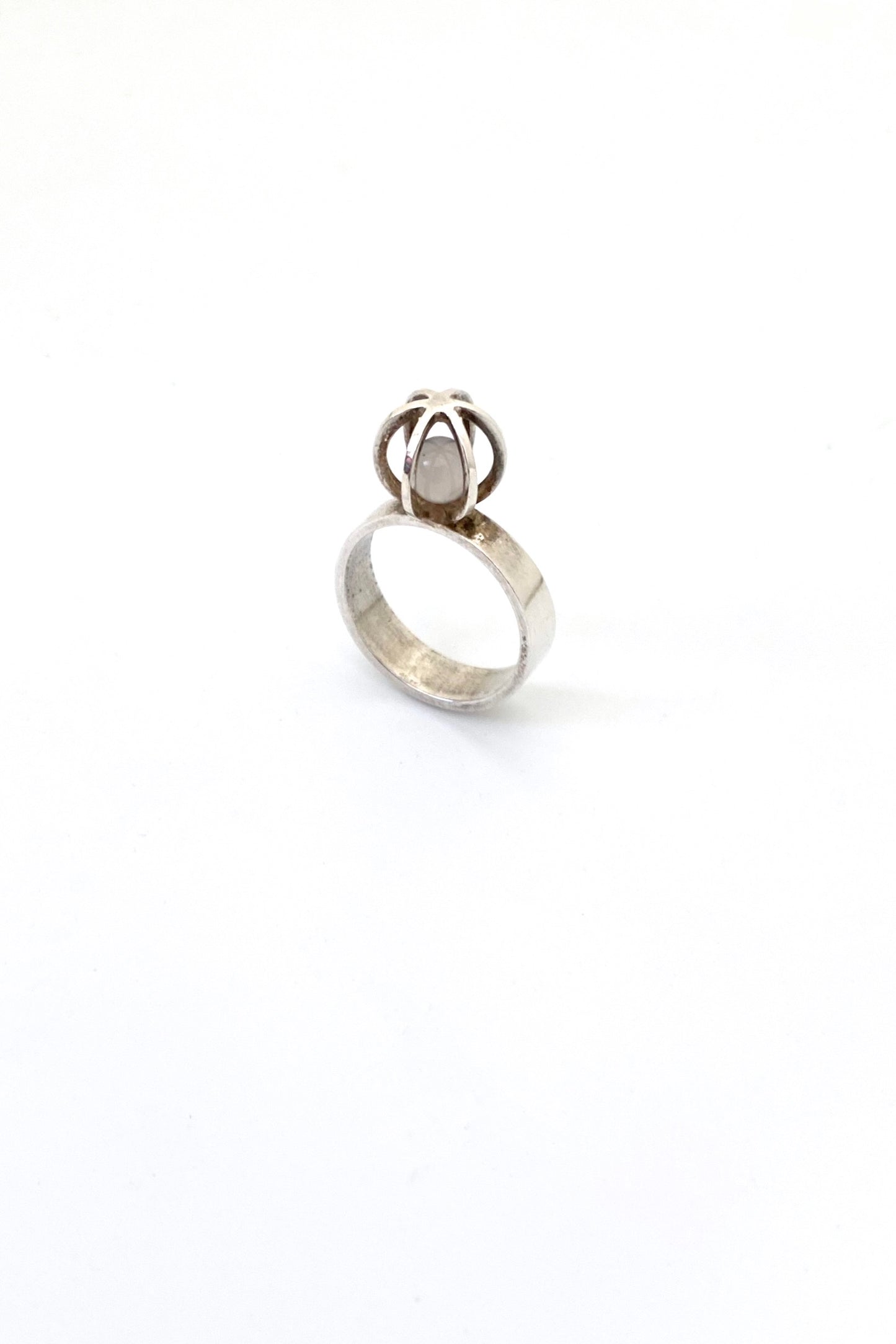 Elis Kauppi Kupittaan Kulta Finland vintage silver chalcedony caged sphere ring Scandinavian Modernist jewelry design