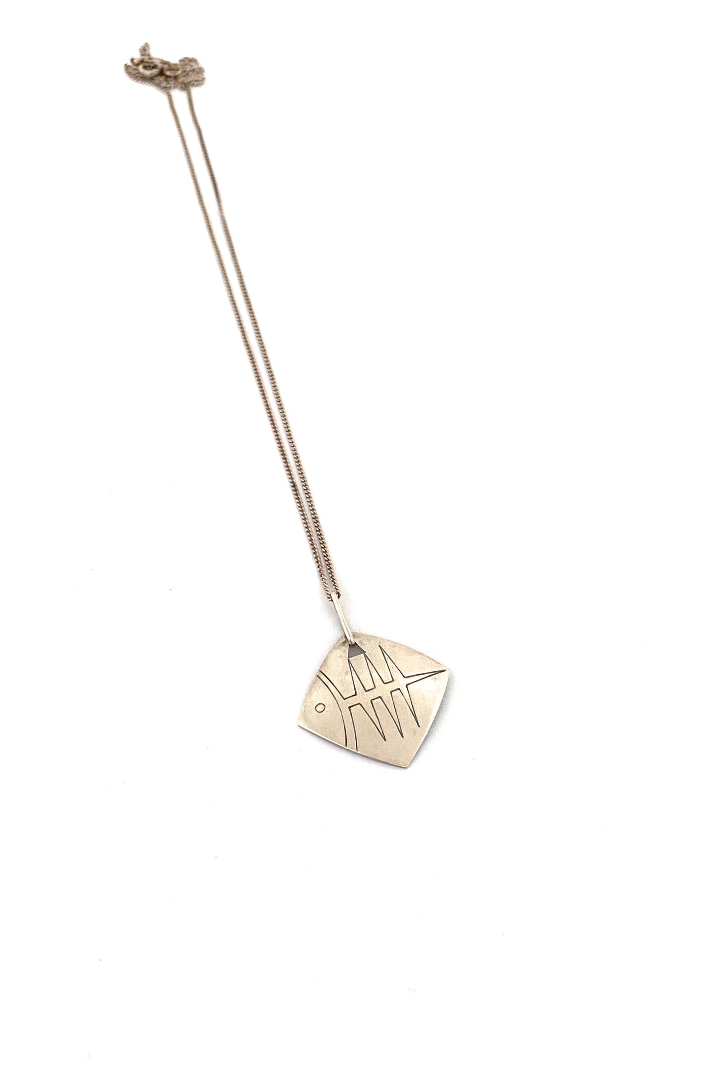 Elis Kauppi Kupittaan Kulta Finland vintage silver fish skeleton pendant necklace Scandinavian Modernist jewelry design