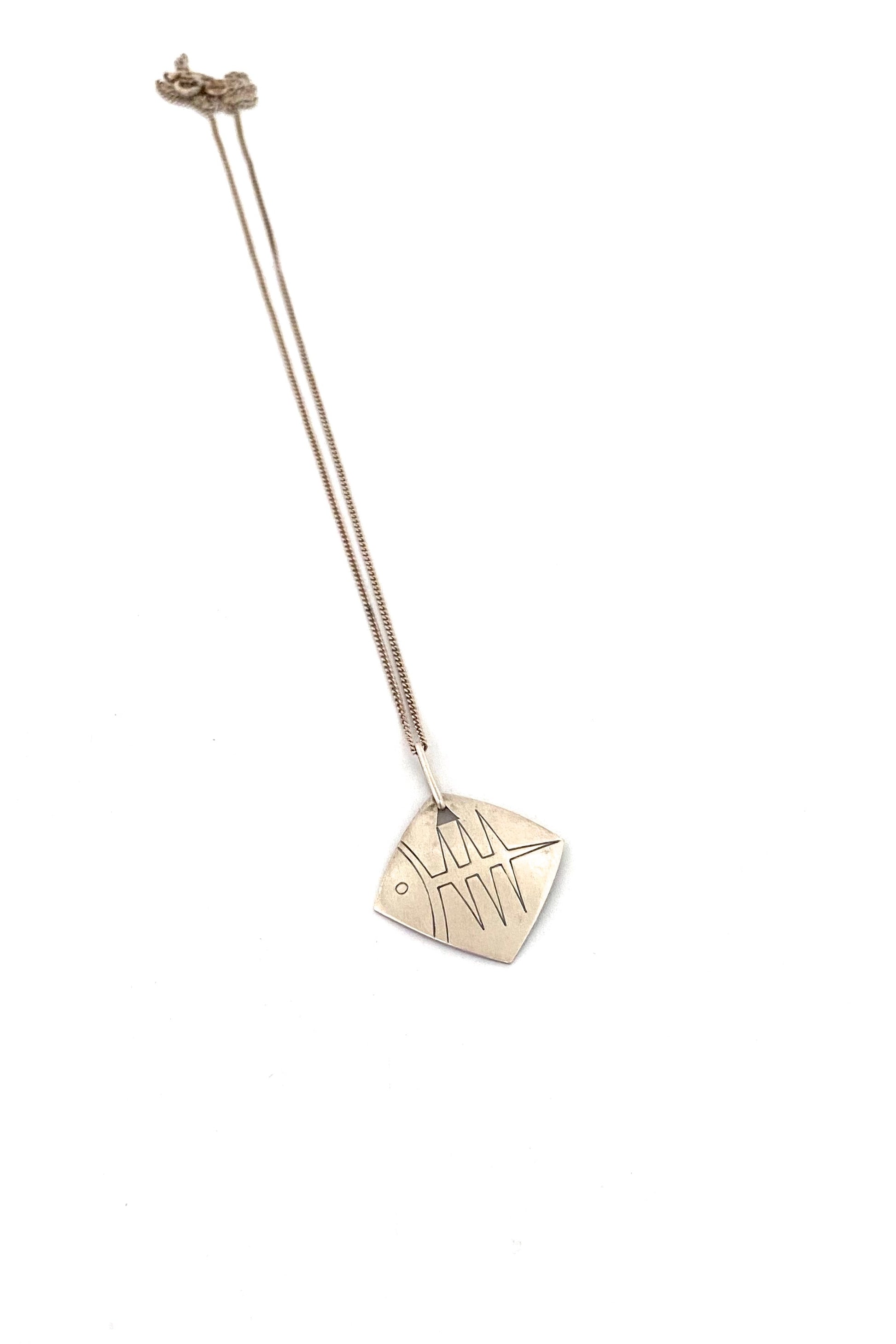 Elis Kauppi Kupittaan Kulta Finland vintage silver fish skeleton pendant necklace Scandinavian Modernist jewelry design