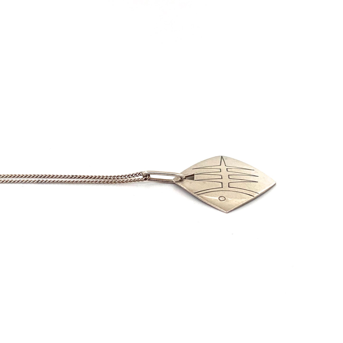 profile Elis Kauppi Kupittaan Kulta Finland vintage silver fish skeleton pendant necklace Scandinavian Modernist jewelry design