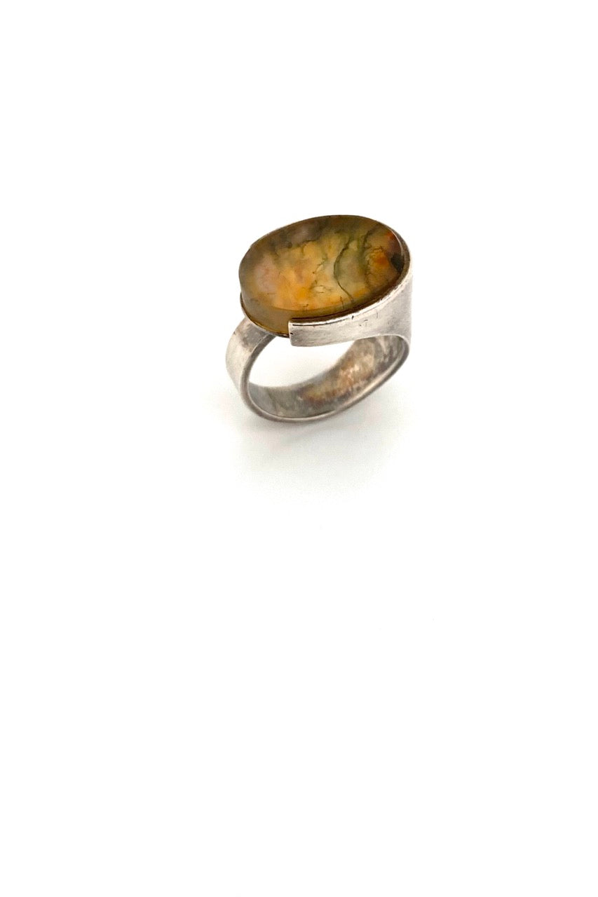 Elis Kauppi Kupittaan Kulta Finland vintage silver moss agate large ring Scandinavian Modernist jewelry design