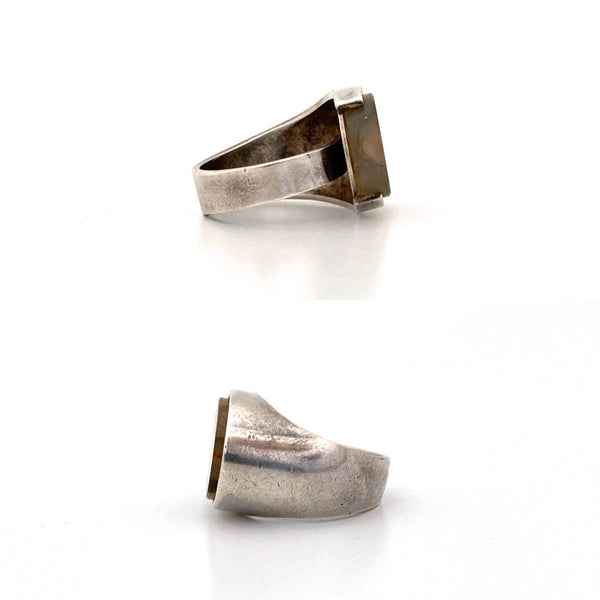 profile Elis Kauppi Kupittaan Kulta Finland vintage silver moss agate large ring Scandinavian Modernist jewelry design