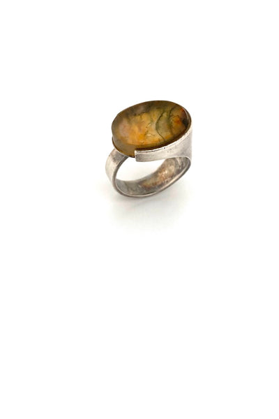 Elis Kauppi Kupittaan Kulta Finland vintage silver moss agate large ring Scandinavian Modernist jewelry design