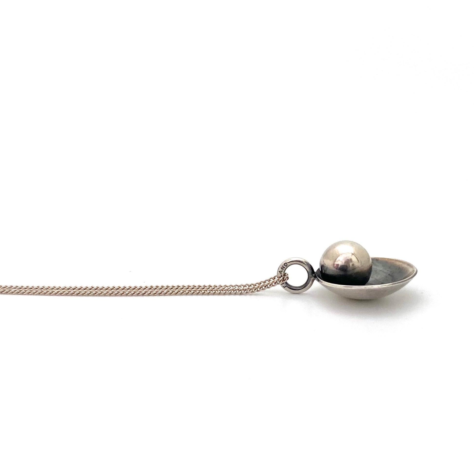 profile Elis Kauppi Kupittaan Kulta Finland vintage silver sphere pendant necklace Scandinavian Modernist jewelry design