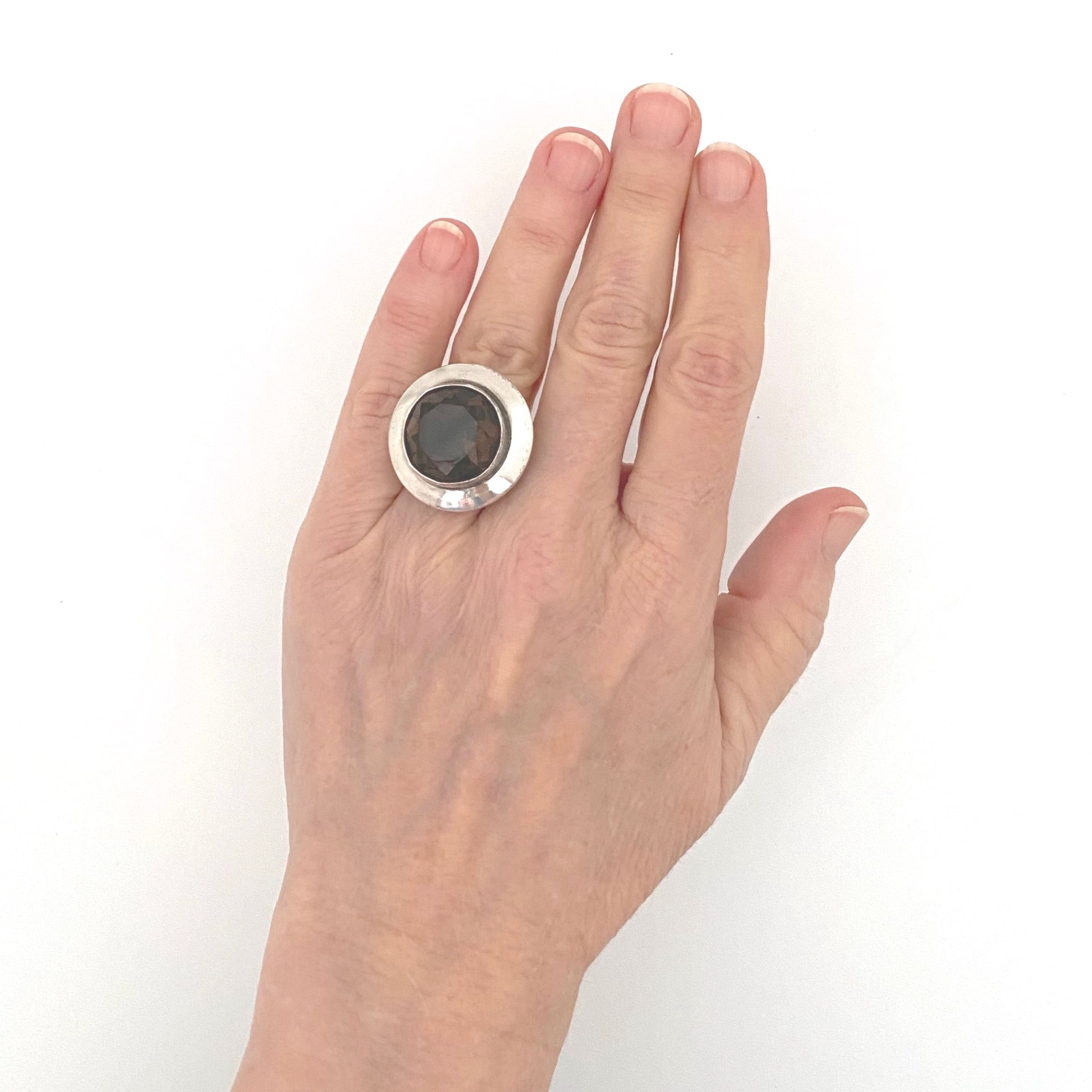 scale Erik Granit Finland vintage silver smoky quartz extra large ring Scandinavian Modernist jewelry design