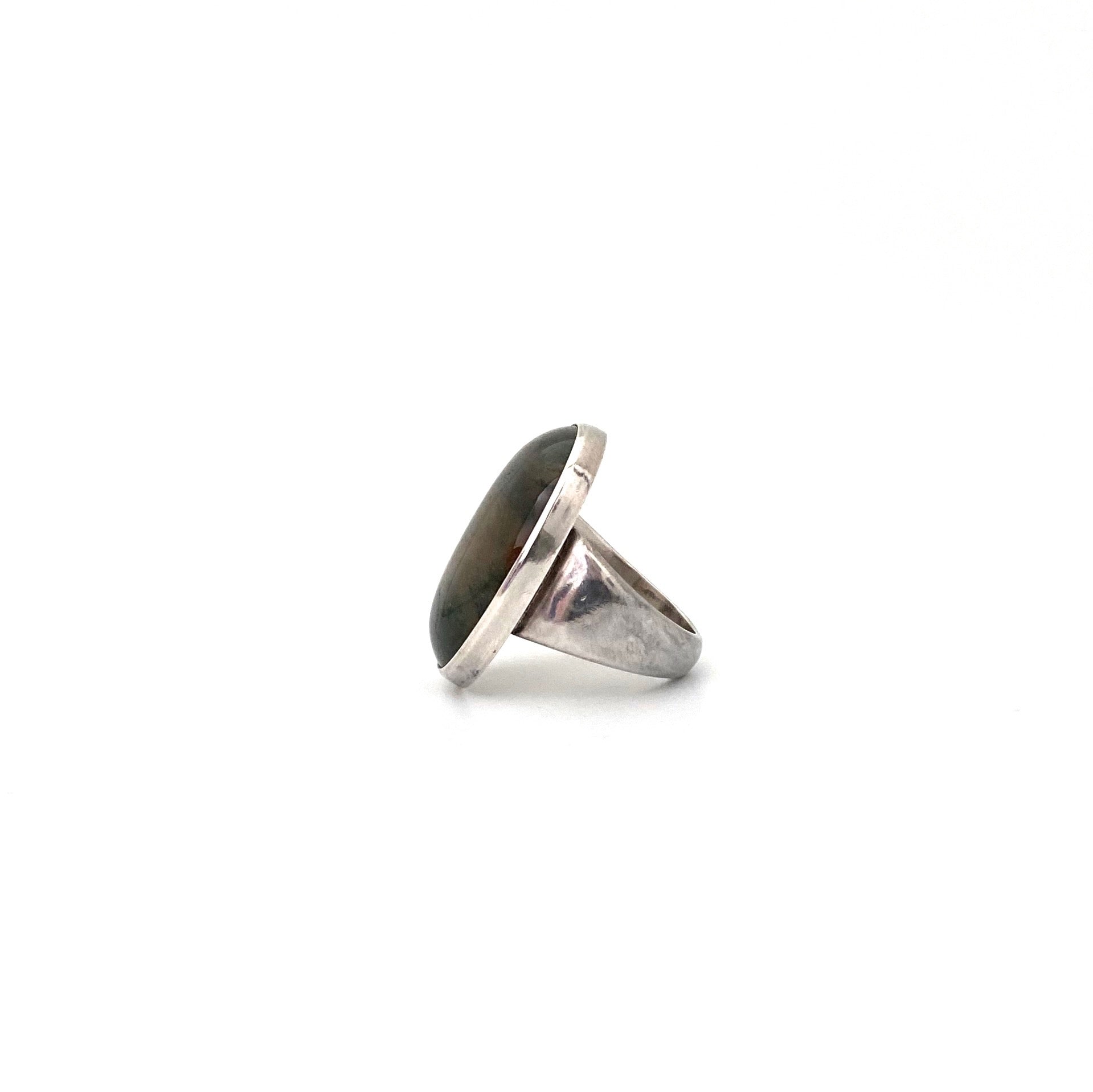 profile Georg Jensen Denmark vintage silver large moss agate ring 90G Scandinavian Modernist jewelry design