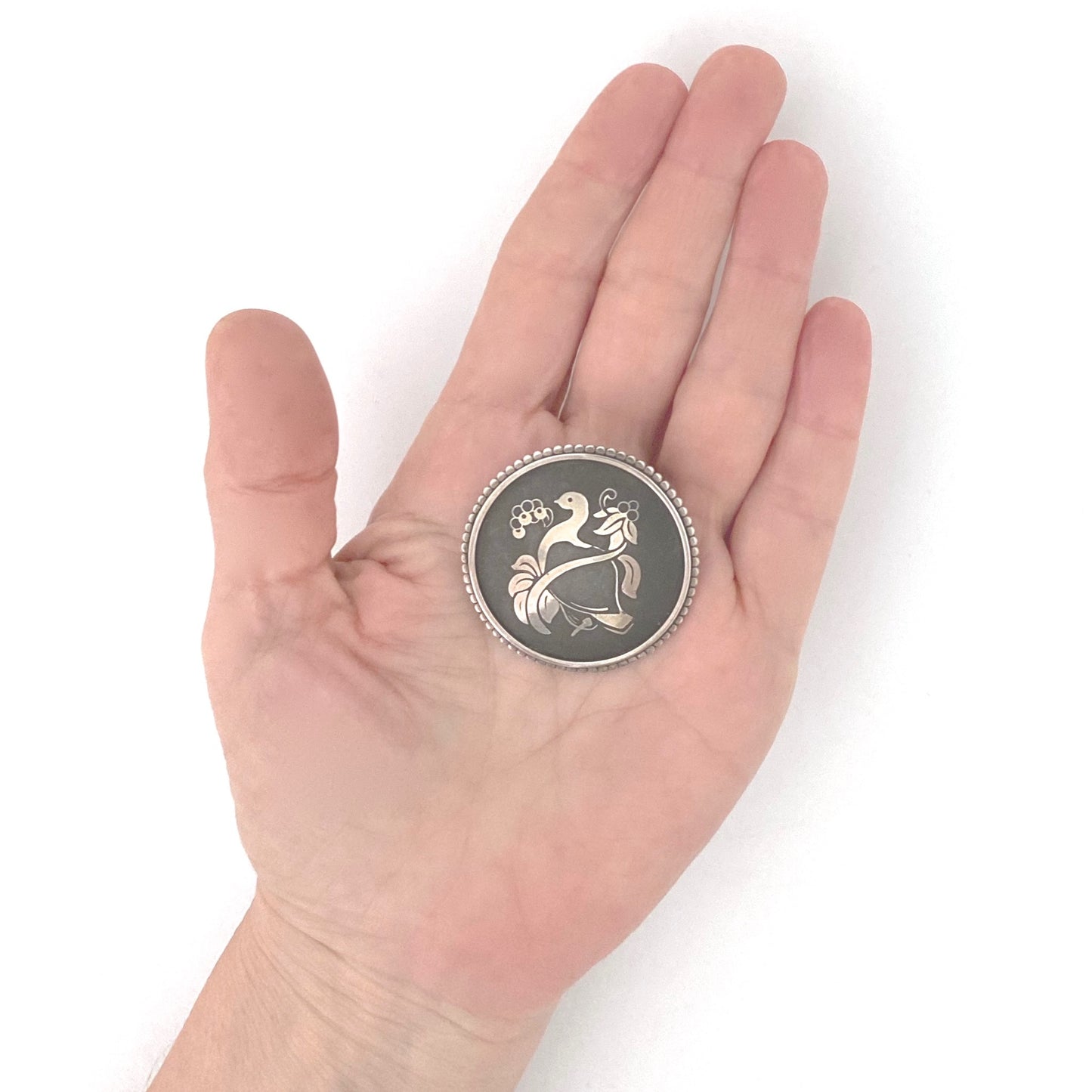 scale Georg Jensen Denmark vintage silver iron bird brooch 5014 Harald Nielsen Scandinavian jewelry design