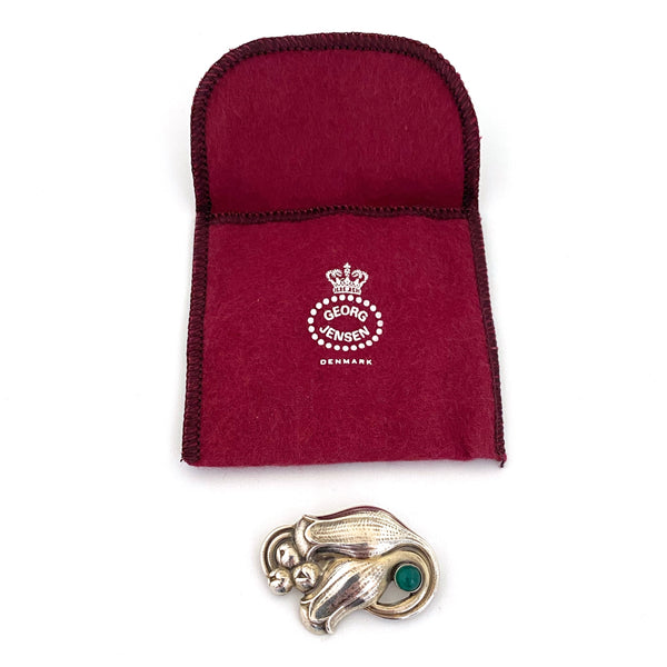 original pouch Georg Jensen Denmark vintage silver chrysoprase brooch 100B Danish jewelry design original pouch