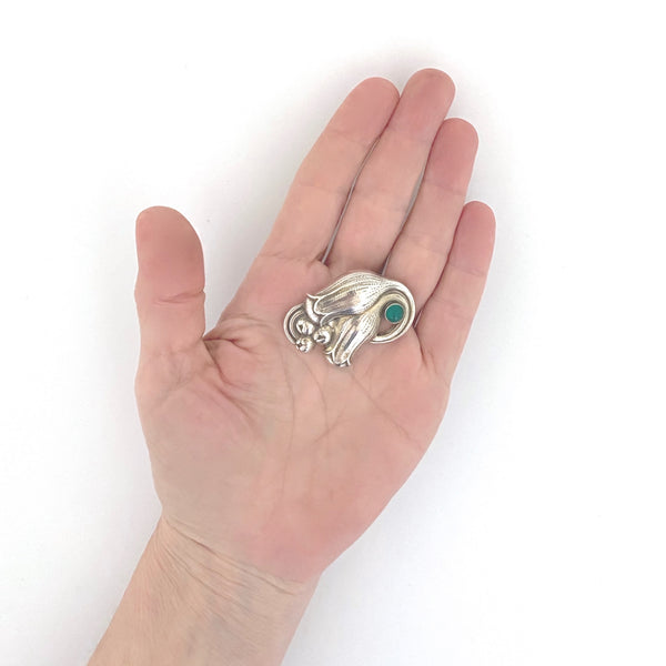 scale Georg Jensen Denmark vintage silver chrysoprase brooch 100B Danish jewelry design original pouch
