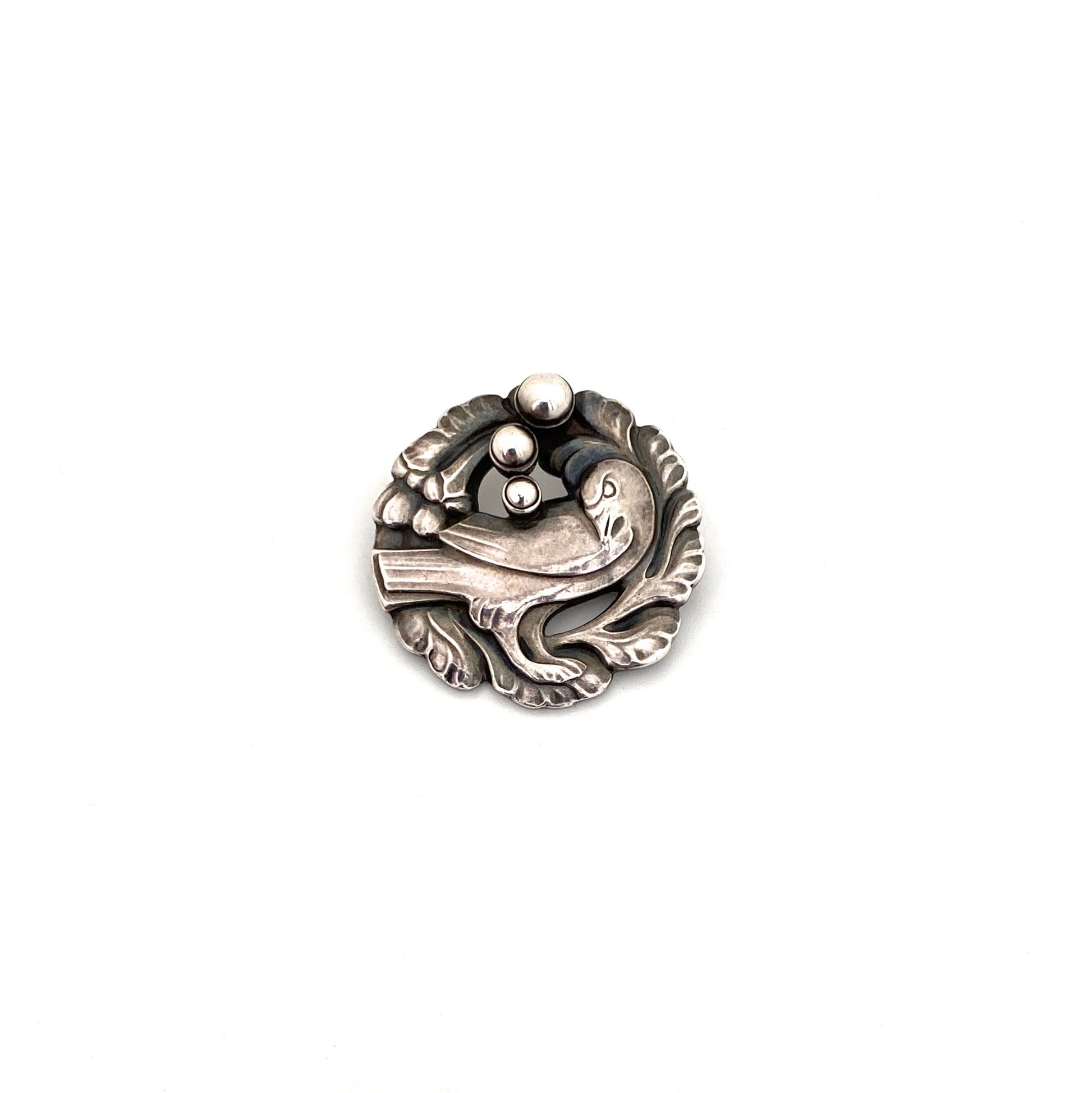 detail Georg Jensen Denmark vintage silver dove brooch 134 silver cabochons Kristian Mohl Hansen Danish design jewelry