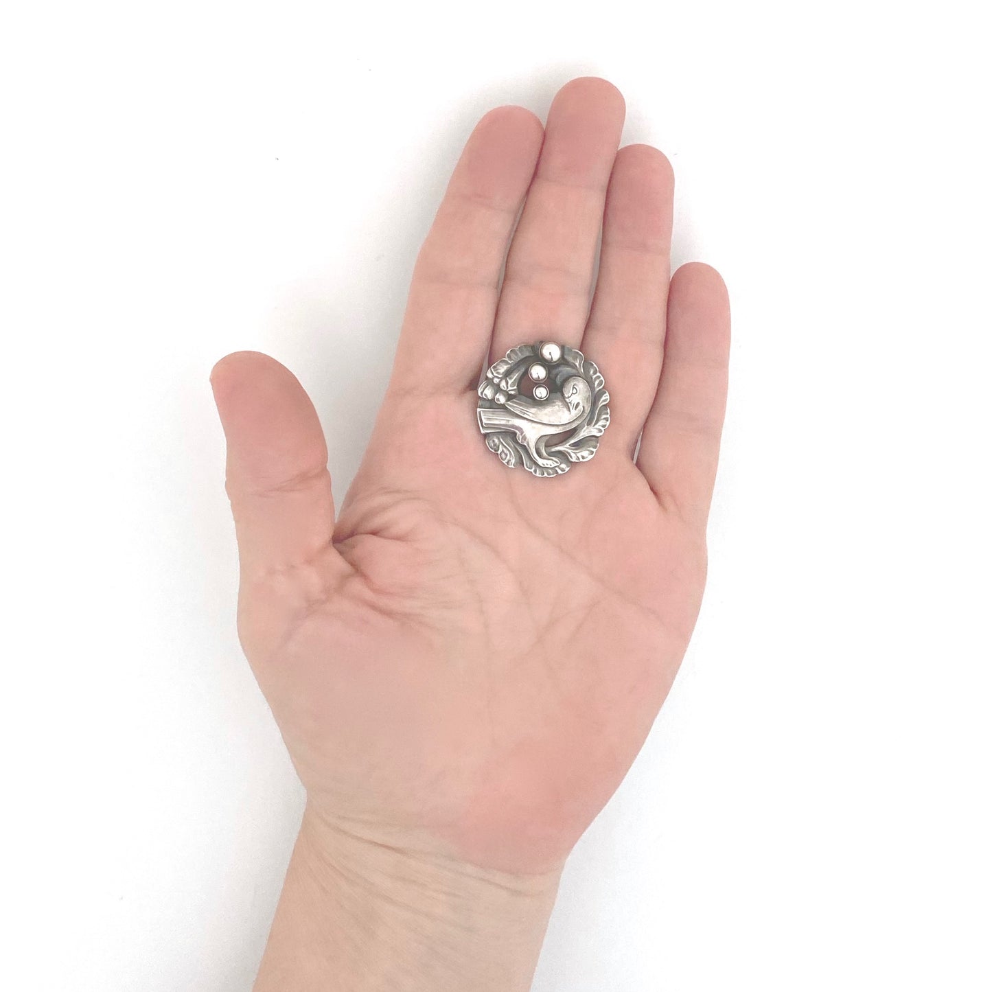 scale Georg Jensen Denmark vintage silver dove brooch 134 silver cabochons Kristian Mohl Hansen Danish design jewelry