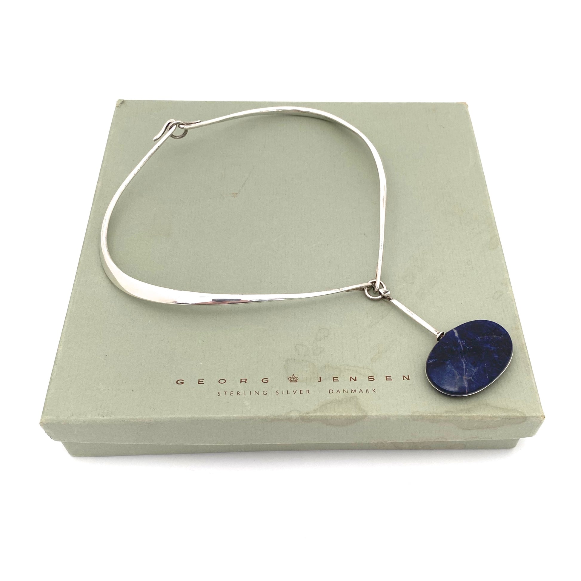 original box Georg Jensen Denmark vintage silver sodalite large pendant 133 neck ring necklace 198 Vivianna Torun Bent Gabrielsen Scandinavian Modernist jewelry design