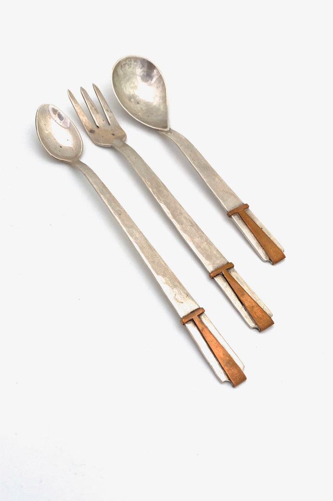 George Dancy Canada Arts and Crafts style hammered silver copper condiment flatware set 1951 Canadian midcentury design