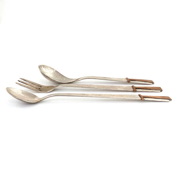 profile George Dancy Canada Arts and Crafts style hammered silver copper condiment flatware set 1951 Canadian midcentury design