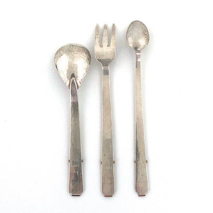 detail George Dancy Canada Arts and Crafts style hammered silver copper condiment flatware set 1951 Canadian midcentury design